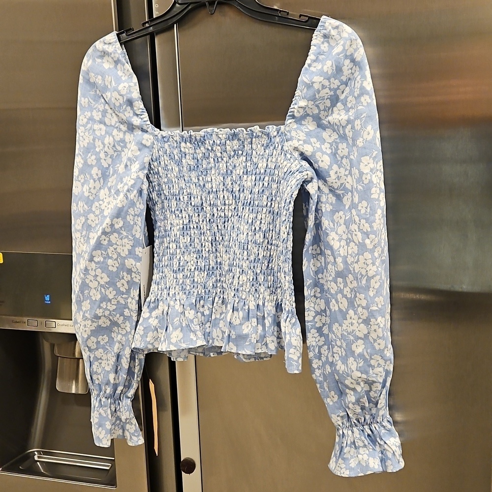 💕REFORMATION💕 Cambria Linen Top ~ Sofie Blue Floral Print Small S NWT - Picture 7 of 14